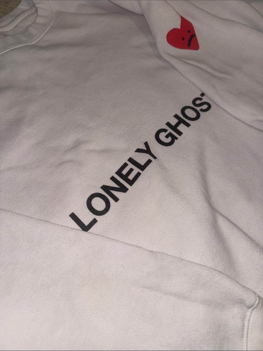 LONELY GHOST White Crewneck with Black Logo and Red Heart